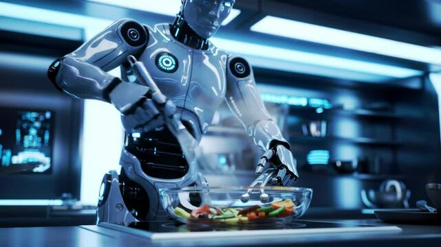 A humanoid robot skillfully chops vegetables and stirs them in a bowl in a high-tech kitchen. Bright lights and sleek appliances enhance the modern atmosphere of culinary innovation.