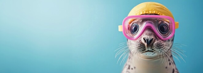 Lustige Robbe mit Schwimmbrille und Badekappe
