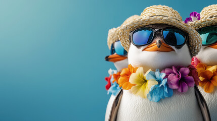 Coole Pinguine mit Strohhut und Sonnenbrille feiern Sommerurlaub