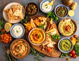 Vegan Mediterranean tapas mezze on stylish background