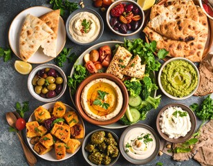 Vegan Mediterranean tapas mezze on stylish background