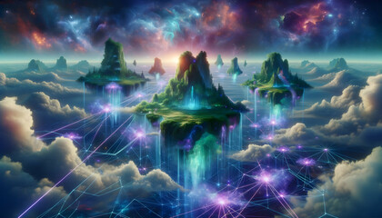 Obraz premium Floating Islands Above Clouds with Network Connections and Colorful Sky