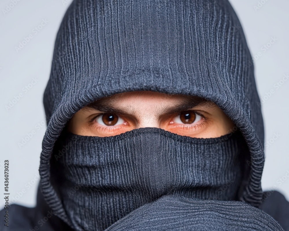 Poster mysterious person with only eyes visible under gray hood in shadowy setting expressing secrecy anony