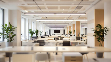 Open Office Space with Desks and Plants Interior View