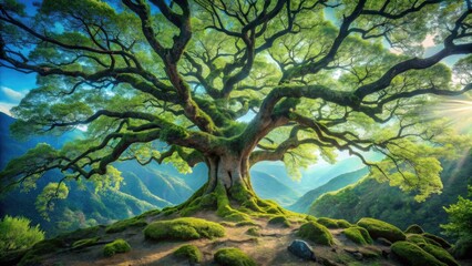 Ancient Majestic Tree on Mountaintop, bathed in Sunlight, with Lush Green Foliage and Moss Covered Roots