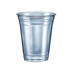 A clear plastic cup, often used for disposable drinkware, is isolated on a white background