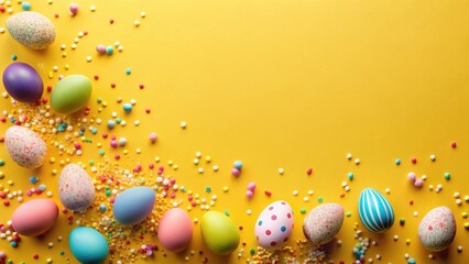 A vibrant spring celebration featuring colorful eggs and sweet candy sprinkles on a sunny yellow background.