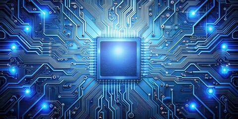 Modern technological circuitry surrounded by abstract blue hues, with intricate wires and electronic components