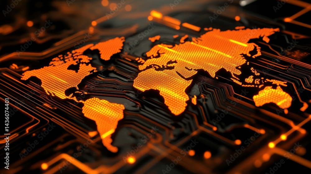 Poster detailed 3d illustration showing a world map on a circuit board with glowing orange connections, sym