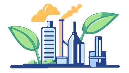 Industrial complex amidst nature, showcasing sustainable efforts with emissions and greenery