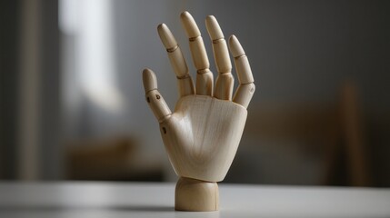 Wooden articulated hand poses naturally on a table against a blurry background.
