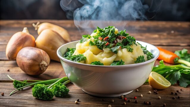 Hearty stamppot dish with boiled potatoes mashed with kale and onions served in a white bowl surrounded by steaming vegetables , comfort food, Dutch cuisine