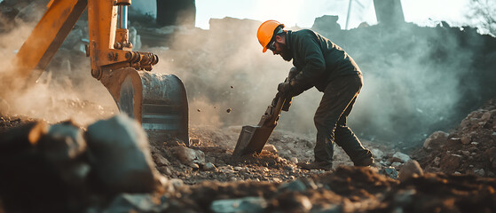 Obraz premium Construction Worker Using Shovel Next to Excavator