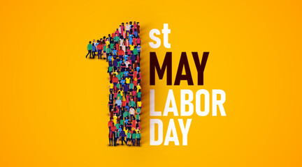 Happy labor day concept poster. Large group of people stands in the shape of the number 1. 1st of may.
