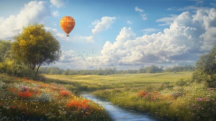 Obraz premium A balloon floats high, tiny against vast clouds, above a sunlit field filled with wildflowers, an ancient oak, and a serene stream meandering through