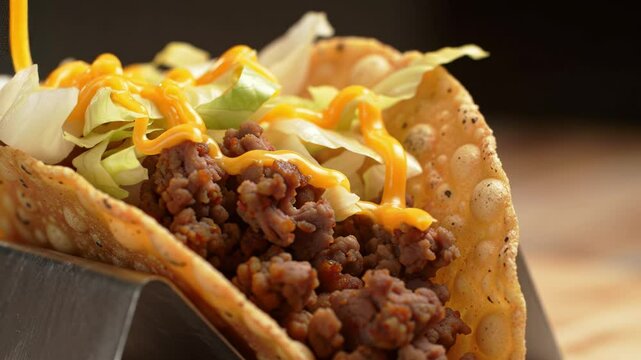 Enjoy the sight of flavorful tacos being crafted with seasoned meat, fresh lettuce, onions, and a drizzle of cheese in a lively restaurant atmosphere.