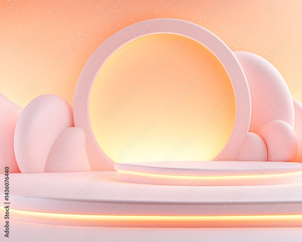 Poster pastel pink 3d render of a product display with illuminated circular frame and organic shapes