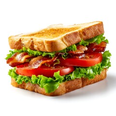 A delicious BLT sandwich with crispy bacon, fresh lettuce, and ripe tomato slices between two pieces of toasted bread. Isolated on a clean white background
