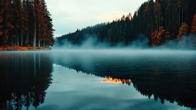Serene Lake Reflection: A tranquil expanse of water mirrors the towering trees and misty atmosphere of the scene, evoking peace and natural beauty.