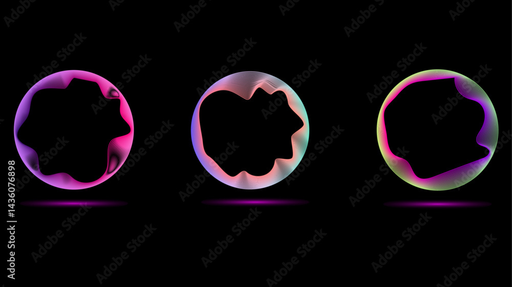 Poster technology concept set of colorful creative circles round curve shape with wavy dynamic lines isolat