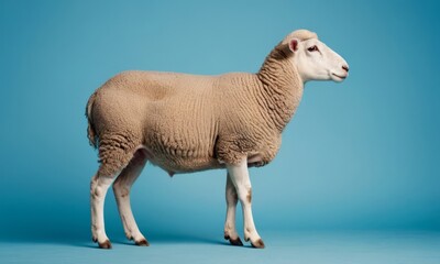 Obraz premium Studio shot of a sheep against a blue background showcasing wool texture