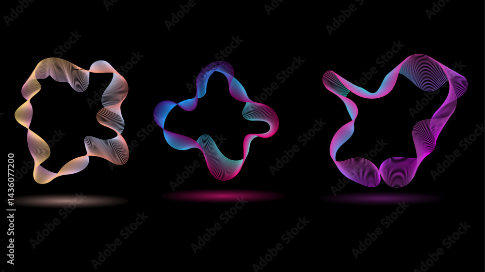 Poster technology concept set of colorful creative circles round curve shape with wavy dynamic lines isolat