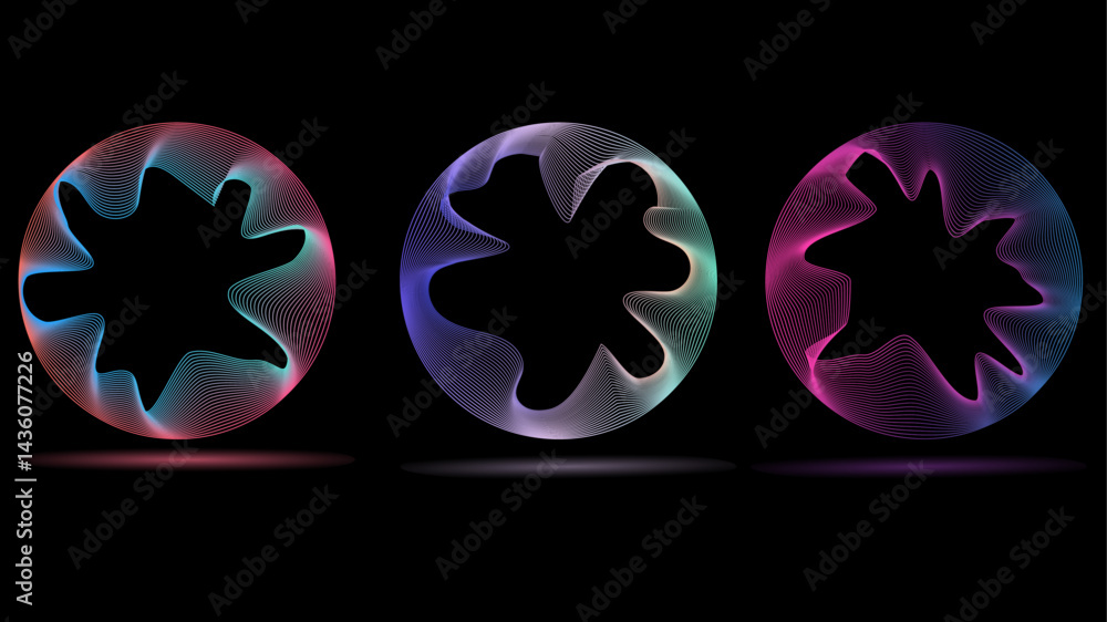 Poster technology concept set of colorful creative circles round curve shape with wavy dynamic lines isolat