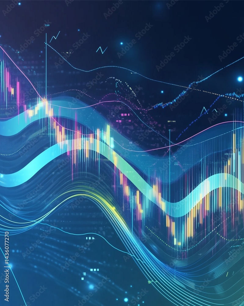 Poster financial dynamics: a captivating digital composition displaying vibrant, undulating lines and data 
