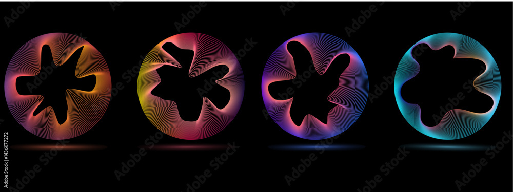 Poster technology concept set of colorful creative circles round curve shape with wavy dynamic lines isolat