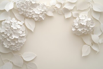Elegant, white paper flowers and leaves in a decorative border.