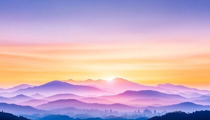 Obraz premium Serene sunrise over layered purple, orange, and blue mountain silhouettes, with a distant city skyline shrouded in mist
