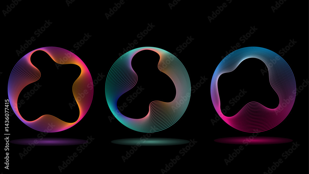 Poster technology concept set of colorful creative circles round curve shape with wavy dynamic lines isolat