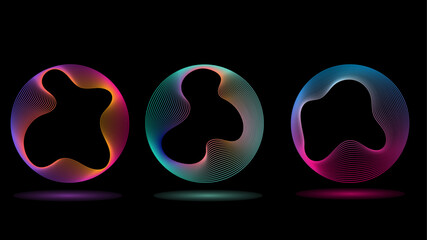 Technology concept set of colorful creative circles round curve shape with wavy dynamic lines isolated on a black background. Round circle line blend with different tone neon color.