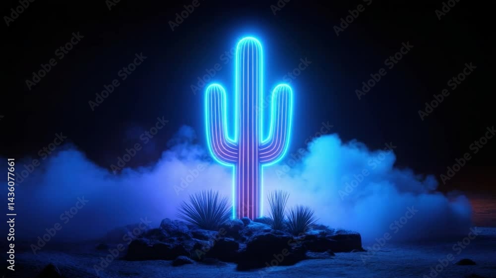 Poster neon illuminated cactus surrounded by misty atmospheric backdrop creating a surreal desert scene at 