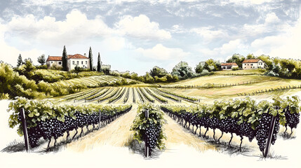 Naklejka premium Vineyard landscapes sketch set. Hand drawn vintage rural grape plants vine field plantation and winery house vector illustration