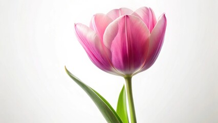 Fototapeta premium A Single Pink Tulip Blossom Against a White Background, Exhibiting Delicate Petals and Vibrant Hues