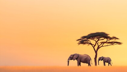 Fototapeta premium Two elephants stand beneath an acacia tree at sunset in a golden savanna landscape