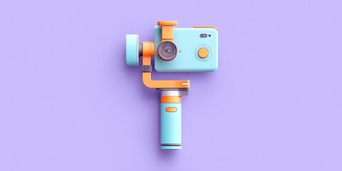 Fototapeta premium Colorful Camera Gimbal Stabilizer with Blue Handle and Orange Mount on Purple Background