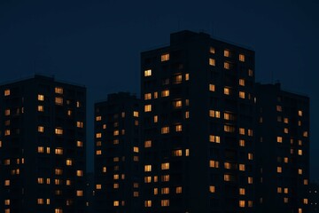 Nighttime Cityscape with Illuminated Windows in Urban Apartment Complex
