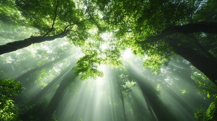 Obraz premium Lush forest canopy, sunlight filtering through