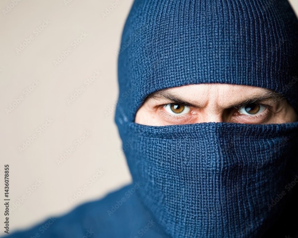 Poster man in blue ski mask looking intensely forward with suspicious alert expression in security concept 