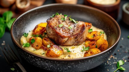 Fototapeta premium A delicious plate featuring grilled meat atop creamy polenta, garnished with herbs and roasted potatoes, served in a stylish bowl.