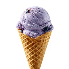 A delicious scoop of blueberry ice cream in a waffle cone, isolated on a clean white background