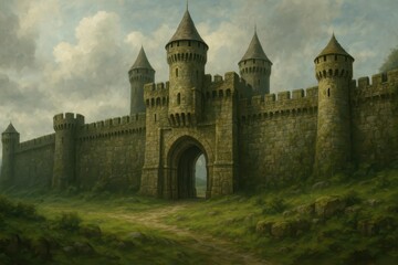 Fototapeta premium Mossy Fortress Surrounded by Lush Greenery Under Cloudy Sky