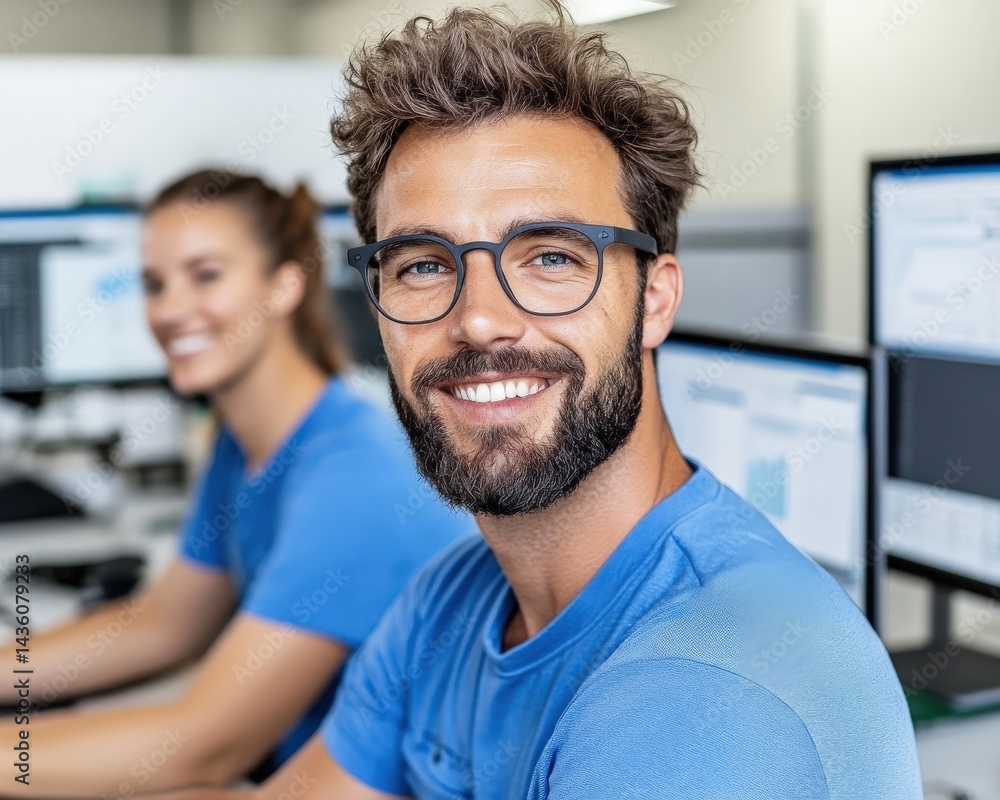Poster bearded man in blue shirt sitting in modern office workspace smiling warmly while using desktop comp