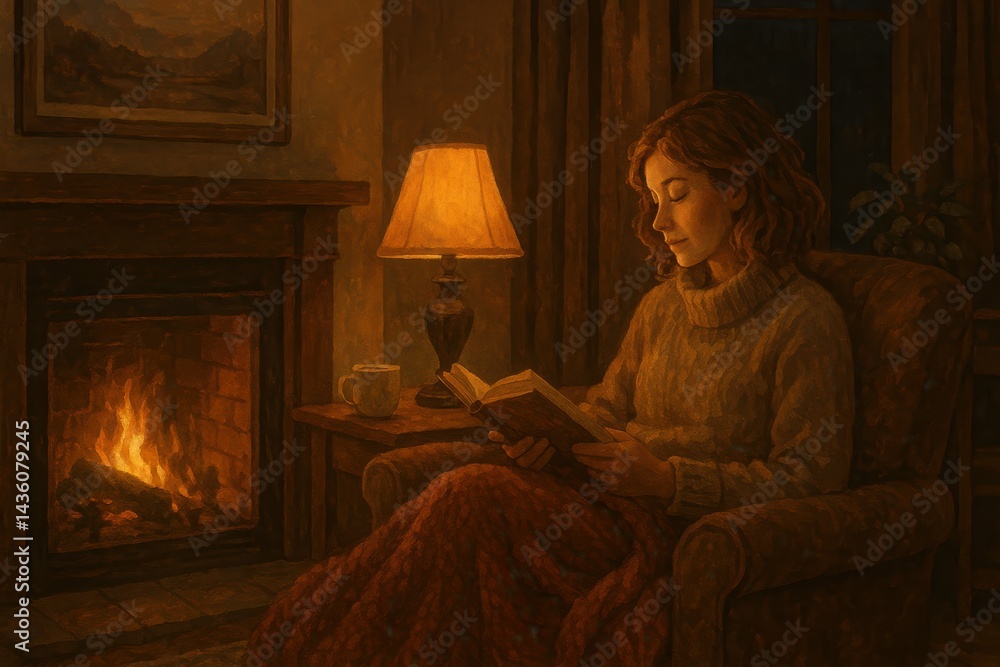 Poster cozy evening atmosphere with reader by fireplace in simple setting