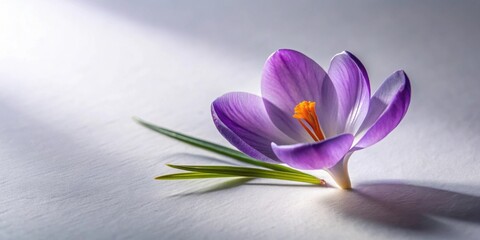 Fototapeta premium A Delicate Purple Crocus Blossom in Soft Light, Displaying Intricate Petals and Vibrant Stamen, Set Against a Smooth, Neutral Background