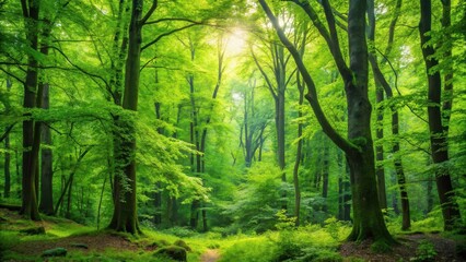 Naklejka premium Dense green forest foliage with various types of leaves and branches in a natural setting, outdoor environment, leafy surroundings