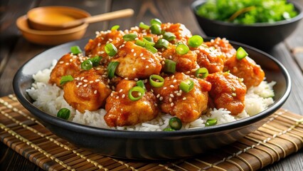Savory orange chicken dish topped with crunchy green onions and sesame seeds atop a bed of steaming hot rice