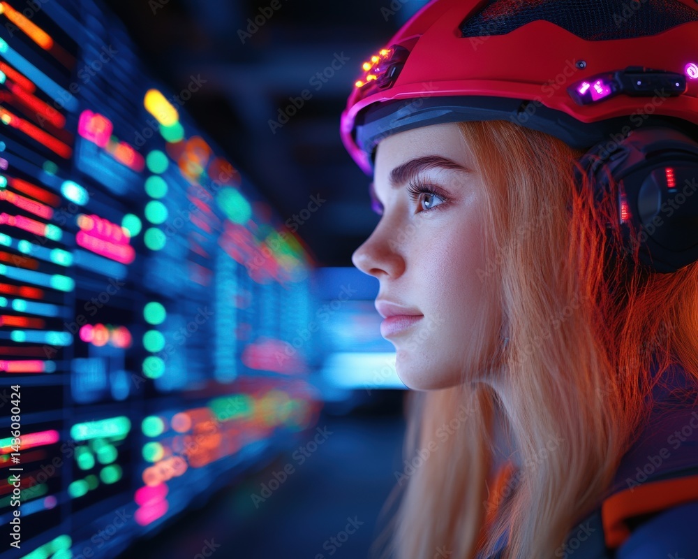 Poster woman in futuristic helmet with glowing visor standing in front of digital graph wall with blue and 